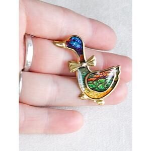 Vintage Small Colorful Duck Pin Gold Tone Sparkling Finish Animal Brooch Cute